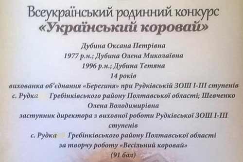 Весільний коровай приніс перемогу учням Гребінківщини на Всеукраїнському родинному конкурсі
