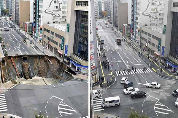 У місті Фукуока гігантський дорожній провал «залатали» за 7 днів