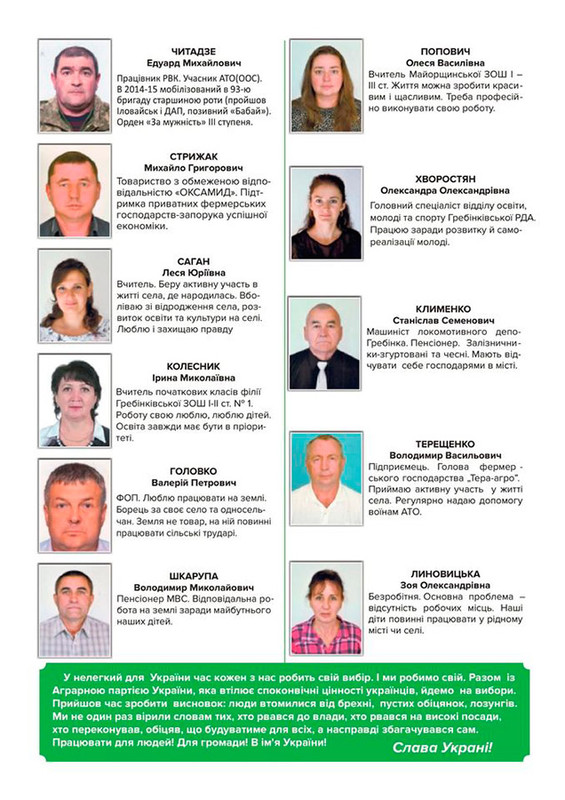Кандитати у депутати Гребінківської міської ради від Аграрної партії