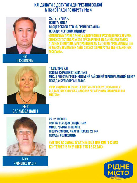 КАНДИДАТИ В ДЕПУТАТИ ДО ГРЕБІНКІВСЬКОЇ МІСЬКОЇ РАДИ ПО ОКРУГУ №4