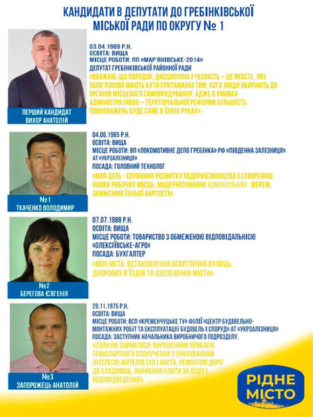 КАНДИДАТИ В ДЕПУТАТИ ДО ГРЕБІНКІВСЬКОЇ МІСЬКОЇ РАДИ ПО ОКРУГУ №1
