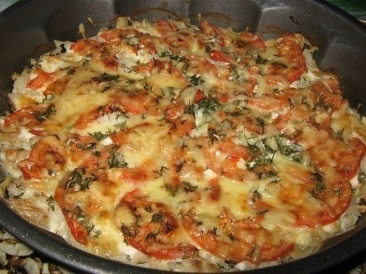 Филе трески запечённая с помидорами и сыром